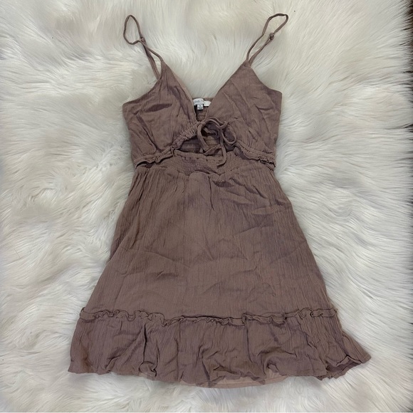 Boho mini dress in brown with tie front - Picture 2 of 5